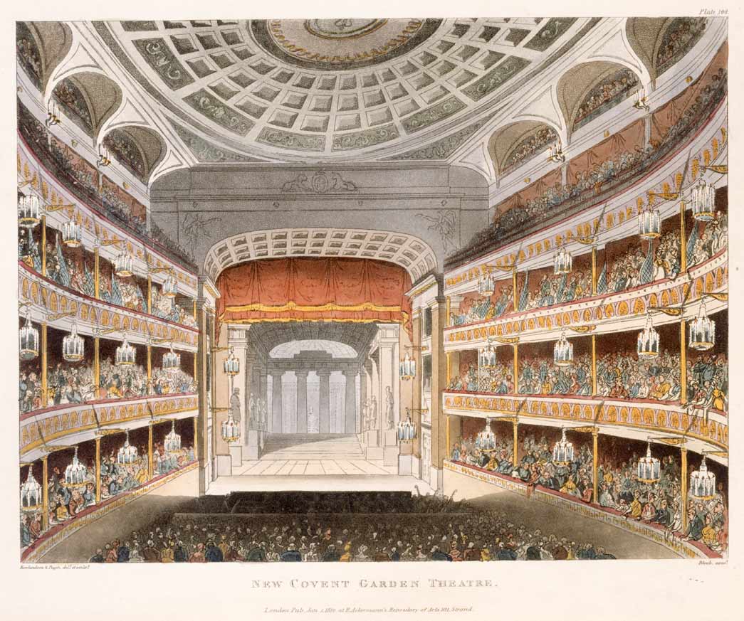 New Covent Garden Theatre. A coloured aquatint showing the stage and the interior of the New Covent Garden Theatre, as rebuilt after the fire of 1808. This print was published in volume III of Ackermann's 'Microcosm of London.'
