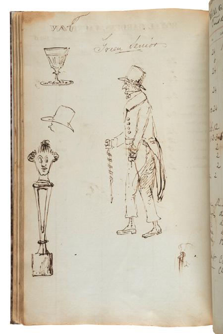 A cartoon of a man marked Mr. Green, senior, in a book used to record wine sales at Vauxhall Gardens.