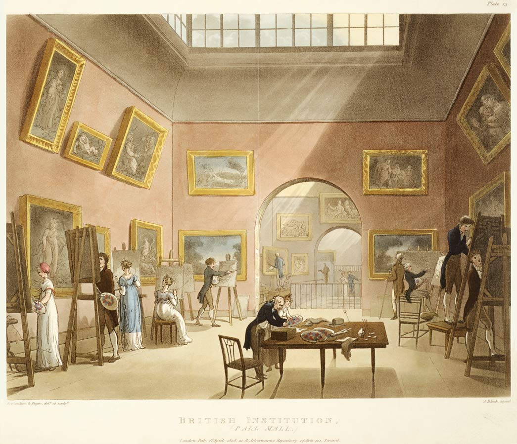 British Institution, Pall Mall. Interior view of the insitution showing male and female artists painting by copying works hanging on the walls. 