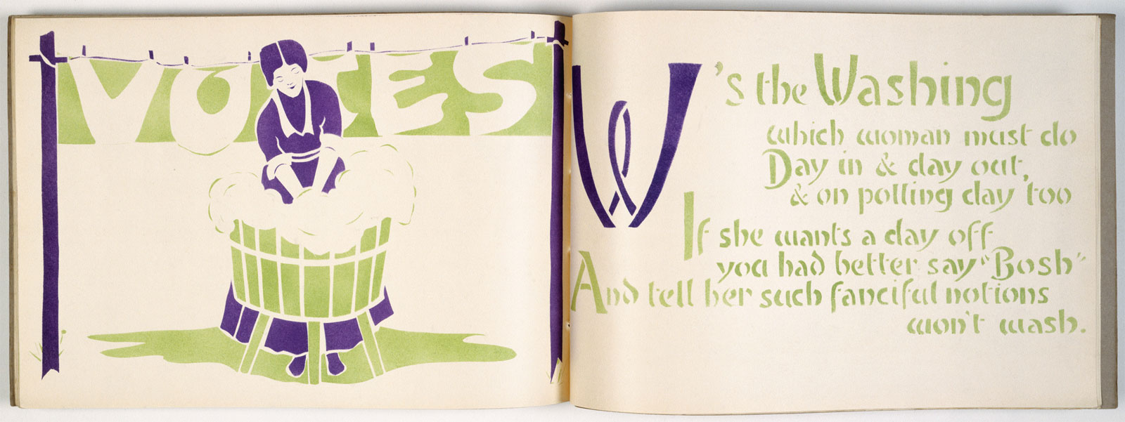 'An Anti-Suffrage Alphabet' was designed by Laurence Housman and edited by Leonora Tyson, the organiser of the Lambeth/Southwark Women's Social and Political Union. The verses, documenting disenfranchised women's unfair subordination, lampooned opponents of women's suffrage. The book includes stencilled illustrations in the suffragette colours of purple and green by a number of female artists including Alice B. Woodward, Pamela C. Smith and Ada P. Ridley. The book was produced to raise funds for the suffragette campaign. Advertised in 'Votes for Women' on 15 December 1911, it was marketed as a suitable gift for suffragette supporters. Leonora received book orders at her home address in Streatham, where she printed each edition by hand.
