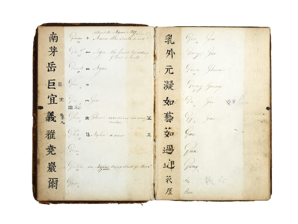 This 'chop book' would have been used by London dock officials who received tea cargoes imported from Canton (Guangzhou). The book contains a list of Chinese words with the phonetic pronunciations in the Cantonese dialect listed alphabetically alongside. The defining Chinese character for each word is also noted. For some entries the English translation is given. This would allow officials to identify the stamps on the side of tea chests and to communicate with Chinese sailors. The notes made by the user of this book suggest that they probably had a basic grasp of the Chinese language. 

