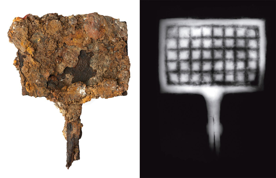 Waffle making tongs burned during the Great Fire of London, and an X-ray showing their original structure