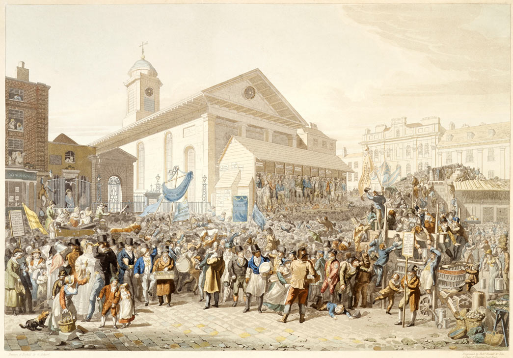 Election of members of Parliament for Westminster. Hand coloured etching with aquatint. An assembled crowd outside St Paul's Church, Covent Garden with a wine shop to the left. In front of the church's portico is a temporary raised wooden structure, under whose awning are the various members competiting for the seats huddle. 