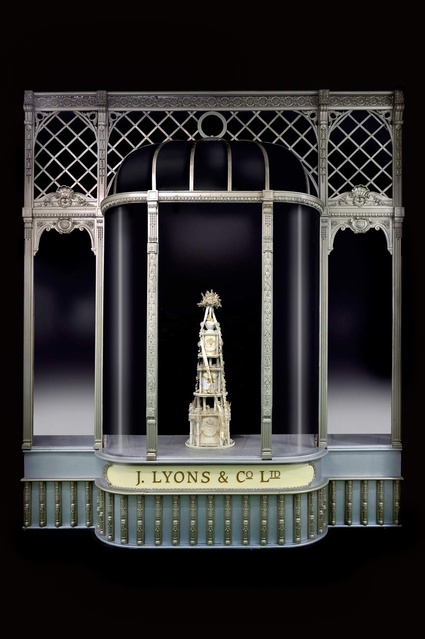 Facade of the Lyons corner shop on display in the Museum of London People's City gallery.