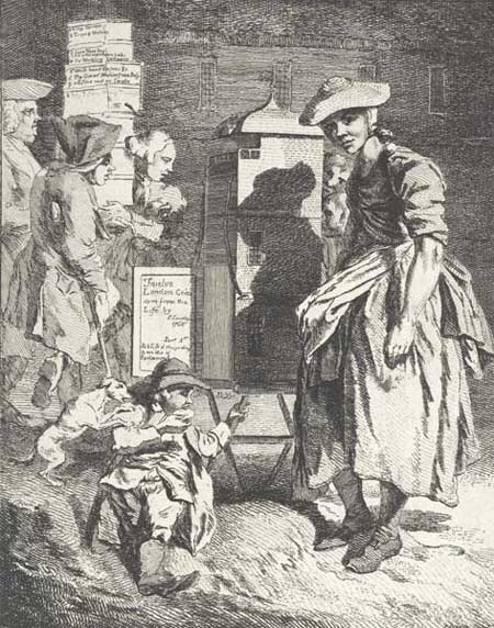 This is the title page from Paul Sandby's print series 'Twelve London Cries of London done from the Life'. The young woman provides street entertainment in the form of a peep show, whilst a boy munches a pie at her feet. Behind her, a man limps past on crutches and a porter carries boxes which bear the titles of some of the prints contained in the series.
