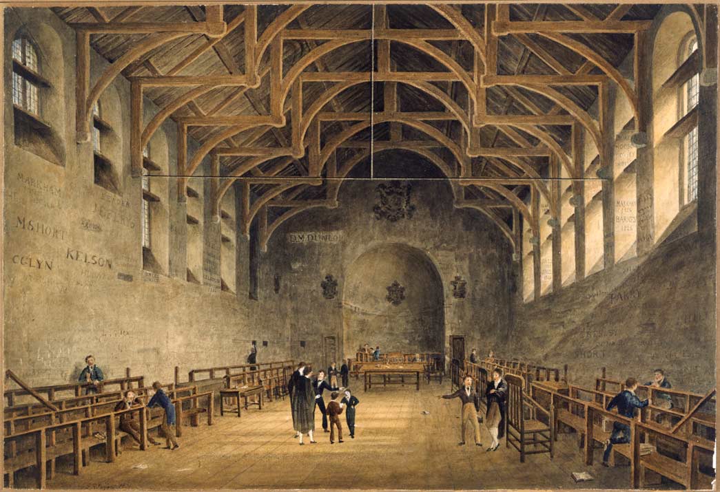 The Schoolroom at Westminster School. Watercolour. Westminster School dates back to medieval times. The large schoolroom, where all the classes were taught, was formerly the dormitory of the monks of Westminster Abbey. The 'shell' or apse seen at the end of the room gave its name to the school class known as 'shell', still used by many schools today. The names of old boys can be seen painted on the walls. In the 1860s, the school was an elite boarding 'public school', along with Winchester, Eton, Rugby, Harrow, Charterhouse and Shrewsbury.
