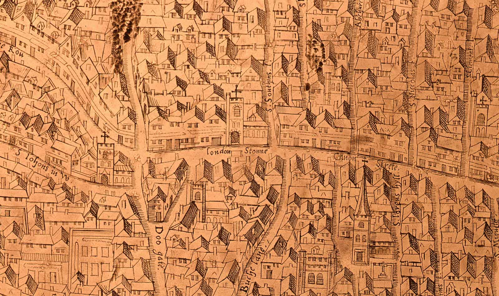 The London Stone shown on the first copperplate map of London, 1558.