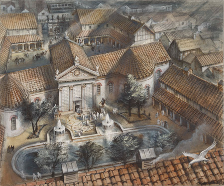 Artist's impression of the Roman governor's palace that stood on what is now Cannon Street, by Alan Sorrell.