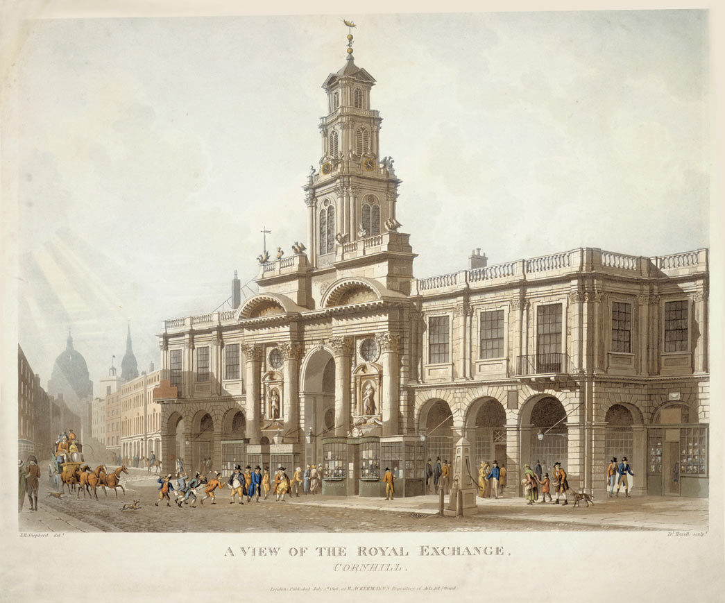 A View of the Royal Exchange, Cornhill. A coloured aquatint of The Royal Exchange, published by Ackermann's Repository of Arts, 1 July 1816.