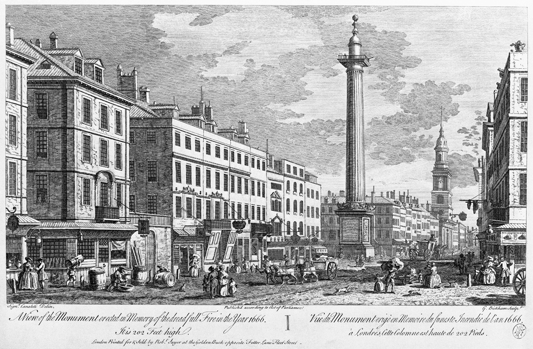 A View of the Monument erected in Memory of the dreadfull Fire in the Year 1666. It is 202 Feet high. View of The Monument, with a lively street scene. Engraving.
