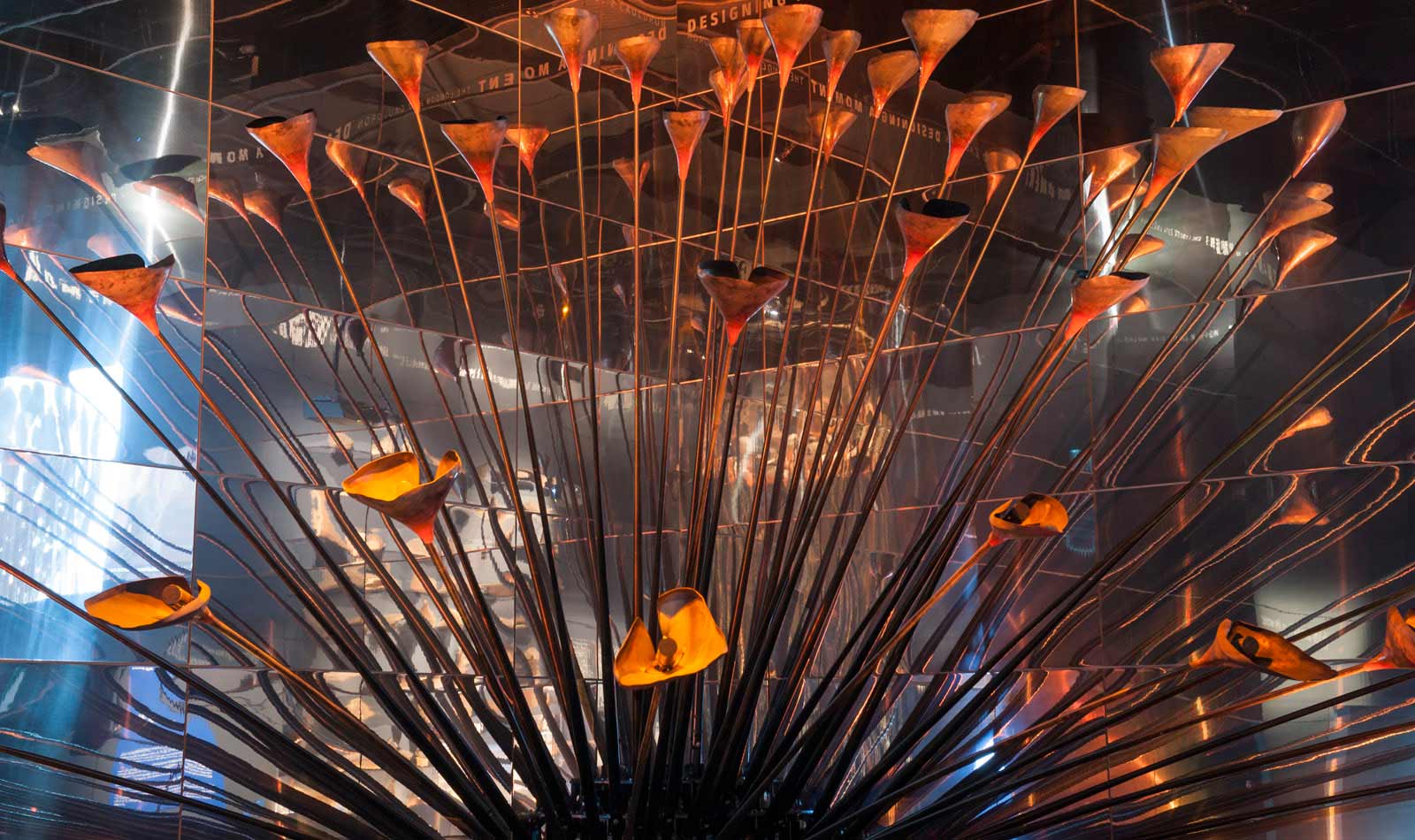 The London 2012 Olympic Cauldron on display with its petals open and splayed.