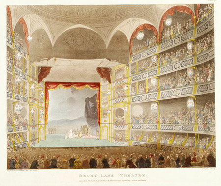 Interior view of the Drury Lane theatre filled with an audience watching a performance in progress. Coloured aquatint.
