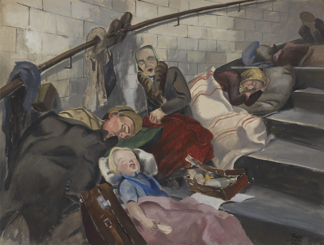 A war scene of shelterers sleeping on steps at Queensway Tube Station. Joseph Batò’s watercolour depicts people sheltering on the stairs of Queensway Underground station during an air raid.