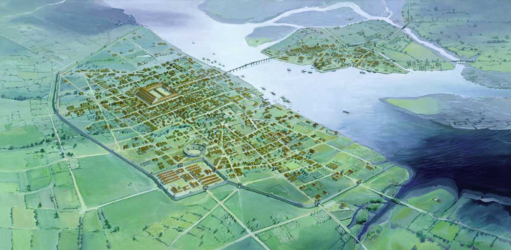 Reconstruction drawing of Roman London c. AD250. Panorama by Peter Foste. Roman London is in decline with fewer areas inhabited.