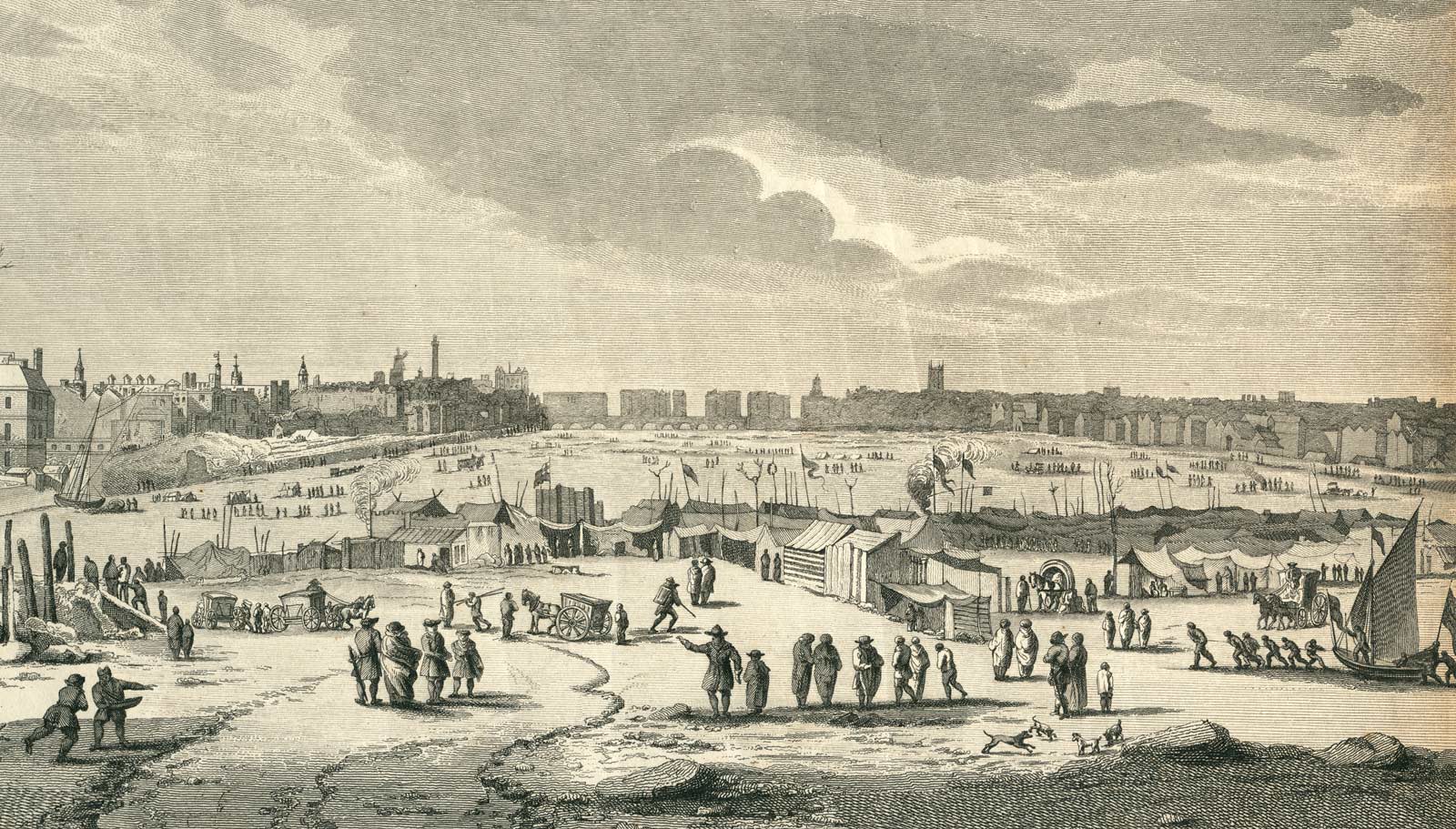 An engraving of the north west view of the Frost Fair on the River Thames during the Great Frost of 1683 and 1684..
