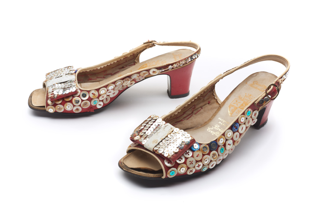 Pearly shoes decorated with sequins and buttons