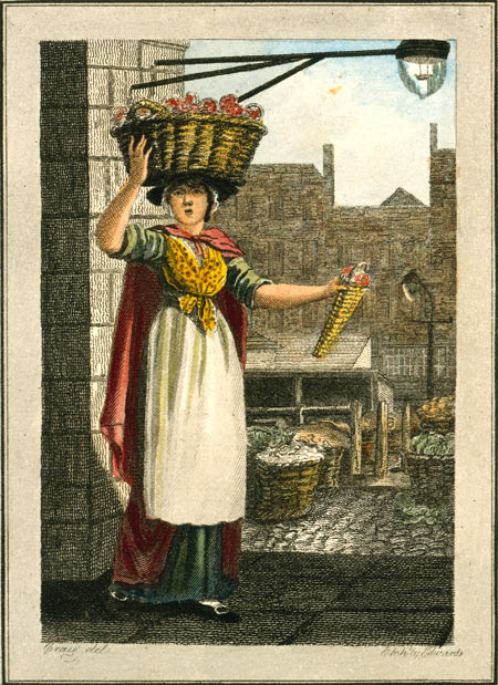 Image of a strawberry seller, with Covent Garden market in the background. Originally published as a series of 31 prints with drawings by W.M. Craig and engraved by Edwards. 
