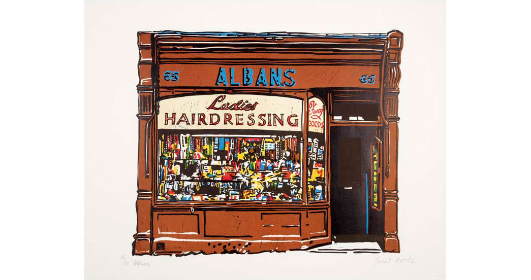 Linocut by Janet Brooke showing the shopfront of Albans Ladies Hairdressing. One of a group of prints the artist made to record disappearing East End shops and trades.