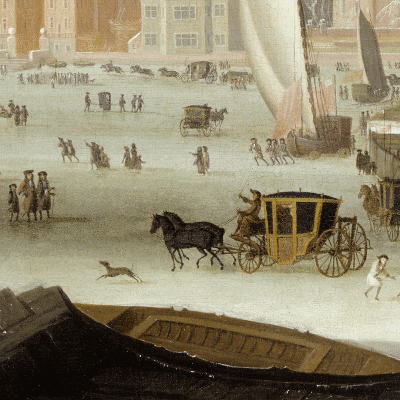 Animated GIF of a painting of a Frost Fair, with adults, children, dogs, horses and tents on the frozen Thames.