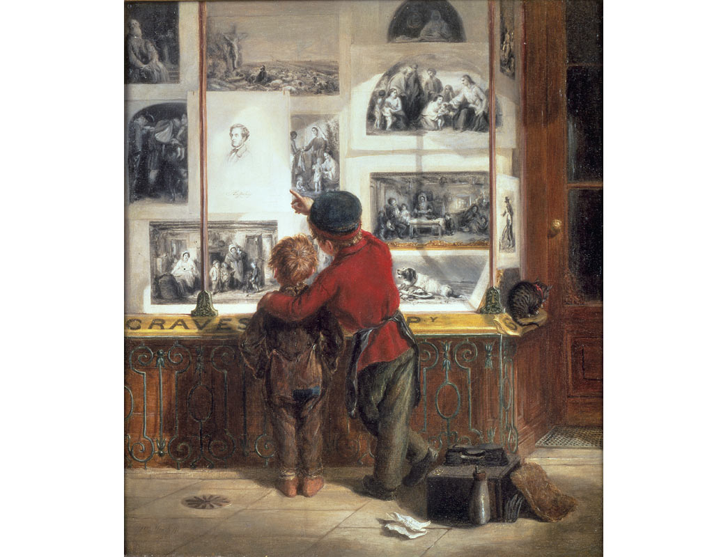 This painting shows a young shoeblack, shoe cleaner and a street urchin outside the shop of printseller Henry Graves at 6 Pall Mall. The elder boy wears the uniform of the London Shoeblack Brigade, founded by John MacGregor and Lord Shaftesbury in 1851. He is pointing at a portrait of Shaftesbury, and is perhaps recruiting the 'lost' younger boy into the safety of the Brigade. 