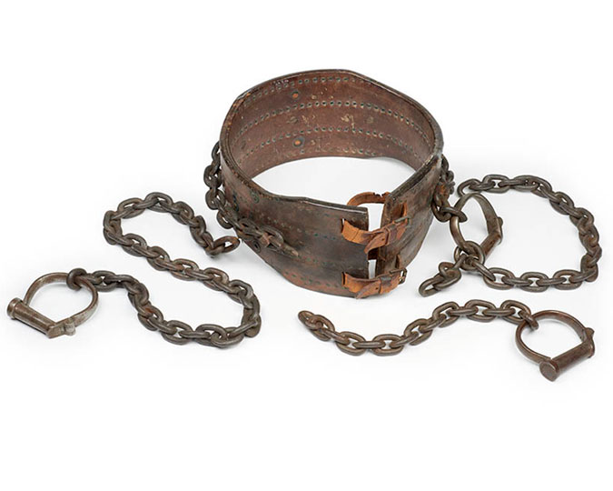 This belt and chains was worn by Muriel Matters during the 'Grille Incident.' Once freed from the grille by a blacksmith, Muriel joined fellow Suffragettes protesting outside the Houses of Parliament. She was one of 14 members of the Women’s Freedom League subsequently arrested on a charge of obstruction and sentenced to one month’s imprisonment in Holloway.