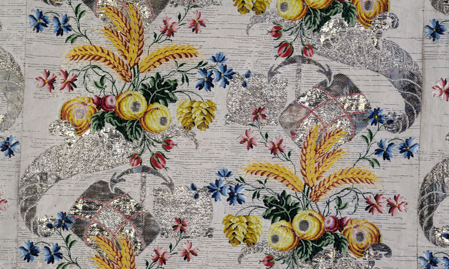 Close-up photograph showing the details of the pattern and fabric from a Court dress traditionally thought to have been worn by Mrs. Ann Fanshawe when her father, Crisp Gascoyne, was Lord Mayor of London in 1752-53. Picturechase no 001808 (c) Museum of London.