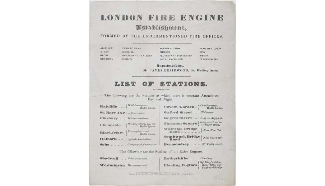 Poster listing continuously manned London Fire Brigade stations.