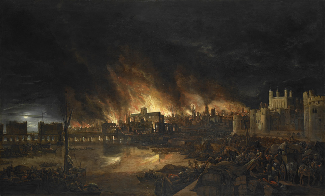 The Great Fire of London. This painting shows the great fire of London as seen from a boat in vicinity of Tower Wharf. The painting depicts Old London Bridge, various houses, a drawbridge and wooden parapet, the churches of St Dunstan-in-the-West and St Bride's, All Hallow's the Great, Old St Paul's, St Magnus the Martyr, St Lawrence Pountney, St Mary-le-Bow, St Dunstan-in-the East and Tower of London. The painting is in the syle of the Dutch School and is not dated or signed.
