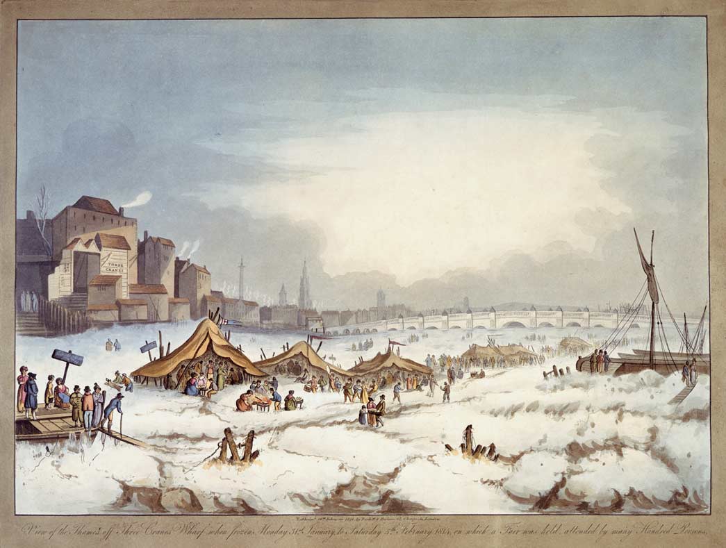 Colour aquatint showing the frost fair on the Thames published 18th February 1814. Aquatint. 'View of the Thames off Three Cranes Wharf when frozen Monday 31st January to Saturday 5th February 1814 on which a fair was held attended by many hundred persons'.
