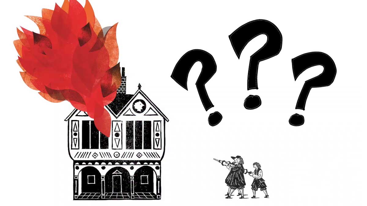 An illustration of two people trying to put out the fire on a burning 17th-century house with a water squirt.