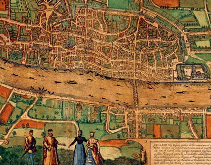 Photograph of a printed colour map of the area around London. The walled city is in the centre above the river, with the settlement of Southwark showing at the bottom. The city of Westminster is to the left, beside the bend in the river. Farms and villages surround the cities.