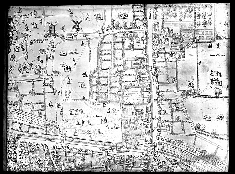 Black and white image of map, drawn in the style of a bird's eye view. Part of the city can be seen at the bottom, surrounded by the city walls and ditch. 'Moor gate' and 'Bysshoppes gate' are shown and labelled. Beyond the walls at the top of the picture is 'Byshoppes gate Street', lined with houses and their gardens. Away from the houses are windmills, St Mary Spital, formal gardens and orchards. The 'Spital field', 'Moor field' and 'Fynnesburie field' are shown, each full of people doing a range of activities.