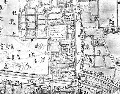 Black and white image of map, drawn in the style of a bird's eye view. Part of the city can be seen at the bottom, surrounded by the city walls and ditch. 'Moor gate' and 'Bysshoppes gate' are shown and labelled. Beyond the walls at the top of the picture is 'Byshoppes gate Street', lined with houses and their gardens. Away from the houses are windmills, St Mary Spital, formal gardens and orchards. The 'Spital field', 'Moor field' and 'Fynnesburie field' are shown, each full of people doing a range of activities.