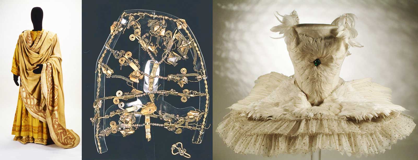 Theatre costumes worn by Henry Irving, an elaborate copper alloy wire headdress and the costume worn by Anna Pavlova in The Dying Swan