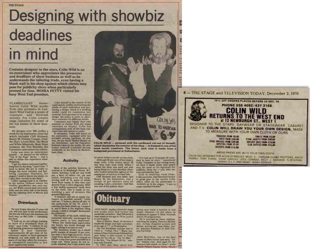A lead article (5 July 1979) featuring Colin Wild and his work in showbiz and an ad (2 December 1976) for the designer in The Stage and Television Today. (Courtesy: The Stage Archives)