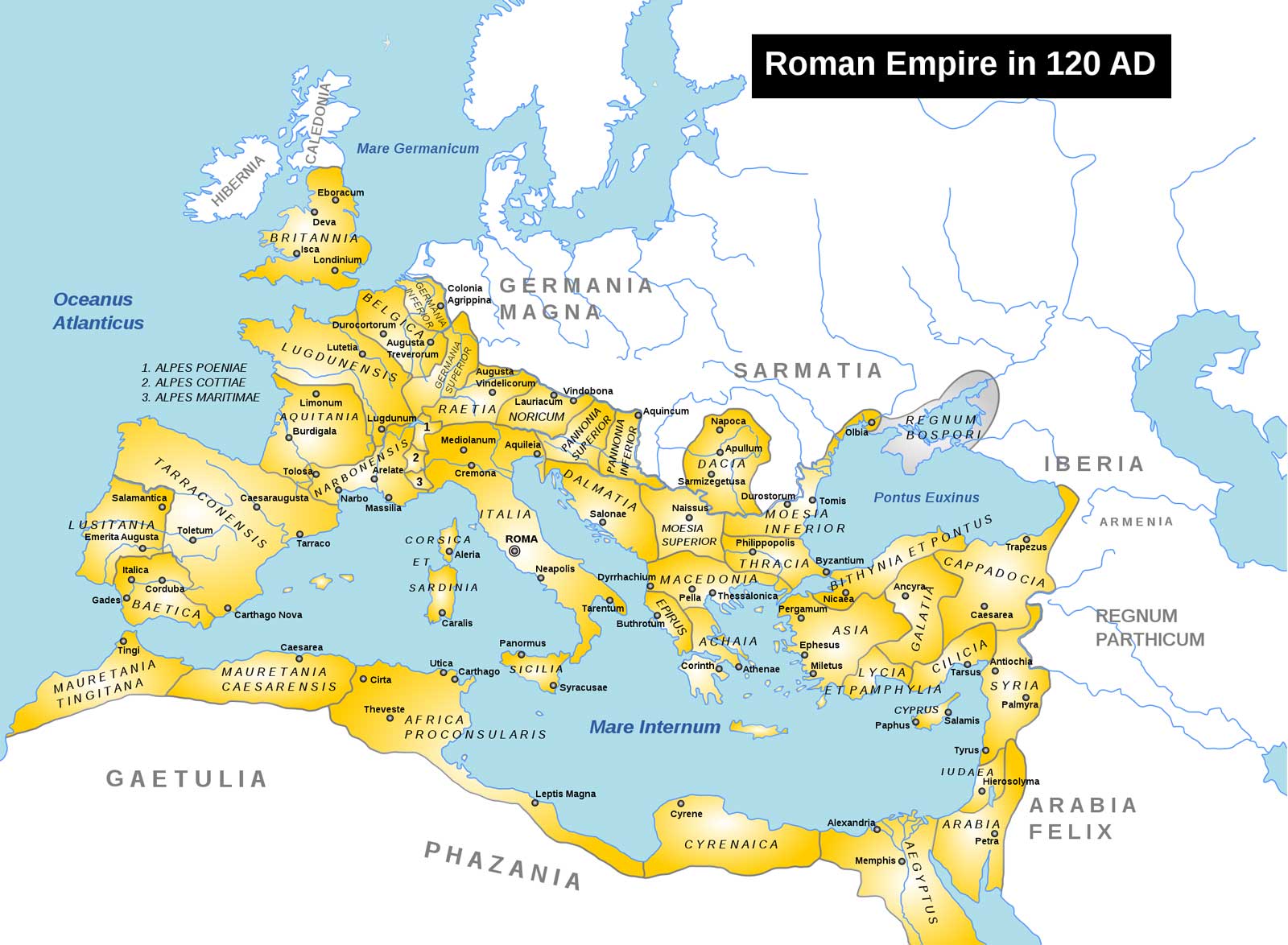 This map shows how far the Roman Empire stretched at its height, around 120 AD.