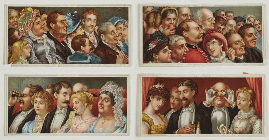 A set of four cards showing the different kinds of people visiting the theatre, and where they’re seated, stating with (clockwise from top-left) ‘The Pit’ (ID no.: NN38629), ‘The Gallery’ (ID no.: NN38632), ‘The Stalls’ (ID no.: NN38631), and ‘The Boxes’ (ID no.: NN38630).