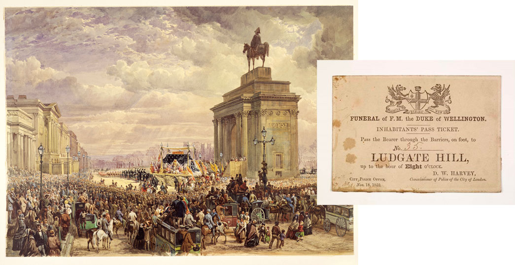 A painting depicting the funeral of the Duke of Wellington at Hyde Park Corner (ID no.: 001732), and a resident’s ticket allowing the holder to pass through to their home in Ludgate Hill during the procession. (ID no.: A22361/6)