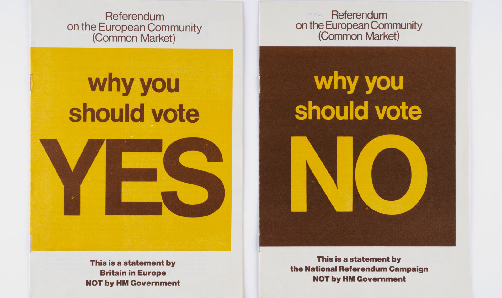 Two leaflets lablled why you should vote yes and no on the 1975 Common Market referendum.