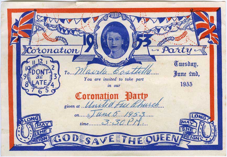 An invitation to a children's coronation party at the United Free Church, Mill Hill at 3.30pm on 5 June 1953. The party was to celebrate the coronation of Queen Elizabeth II in 1953. 