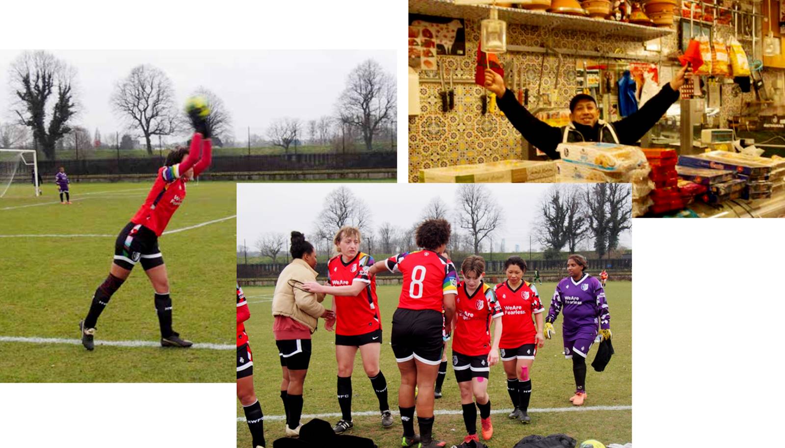 Football and connections
(from left) Hackney Women’s FC’s right-back takes a throw; the players during a match with Brentford, March 2023; and a shopkeeper with team flags on the 2022-23 World Cup semi-finals. ©Josh Bland
A collage of three photos, the extreme left showing Hackney Women’s FC’s right-back throwing the ball, the middle with the team taking a break during half-time and the third photo of a shopkeeper holding up team flags on the 2022-23 World Cup semi-finals between Morocco and France. 