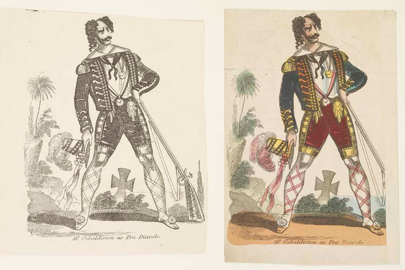 Theatrical souvenir print engraved with a portrait of the actor Mr Osbaldiston in the role of Fra Diavolo, both uncoloured and coloured beside each other.