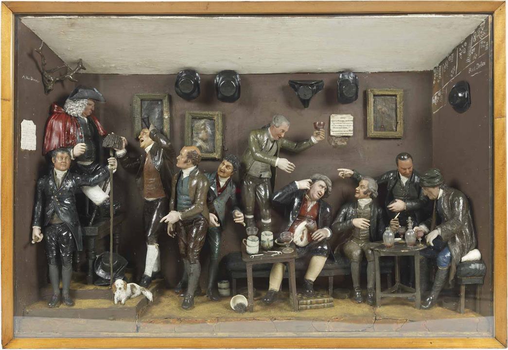 Wax diorama, Literary Club, c. 1785, Samuel Percy. This wax diorama depicts a gathering of London's famous Literary Club. Here, the club’s founder, artist Joshua Reynolds, is shown using an ear trumpet to listen to Samuel Johnson who is sitting above him. The Whig politician Charles James Fox is seated on the bench with a wine glass in his hand. On the far right hand side the sculptor Joseph Nollekens can be seen sitting at the table.