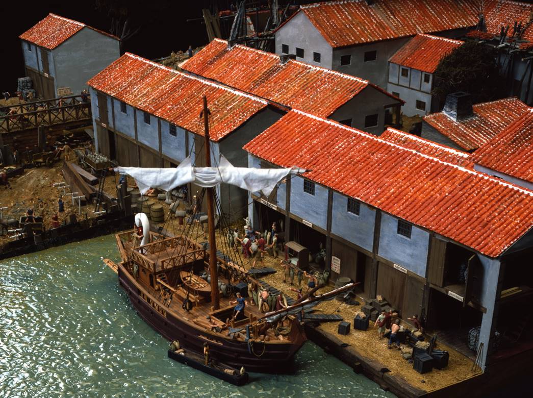 Roman London
Model of a Roman port of London, commissioned for the Roman Gallery in 1984. It depicts the quayside to the east of London's first bridge in about AD 100. (ID no.: 85.134)
