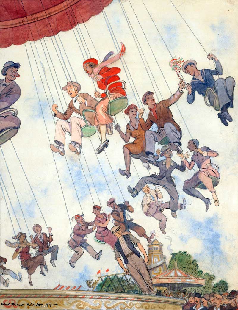 Arthur Watts' colourful watercolour shows a roundabout set of swings on Hampstead Heath. Crowds below watch participants swing through the sky.
