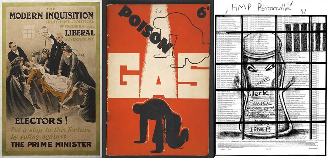 The art group members took inspiration from the Suffragette pamphlets (left, ID no.: 50.82/1115) and those by George Orwell (centre, ©Simon Rendall courtesy: British Library) while designing their own work (right, ID no.: 2022.78/1). 