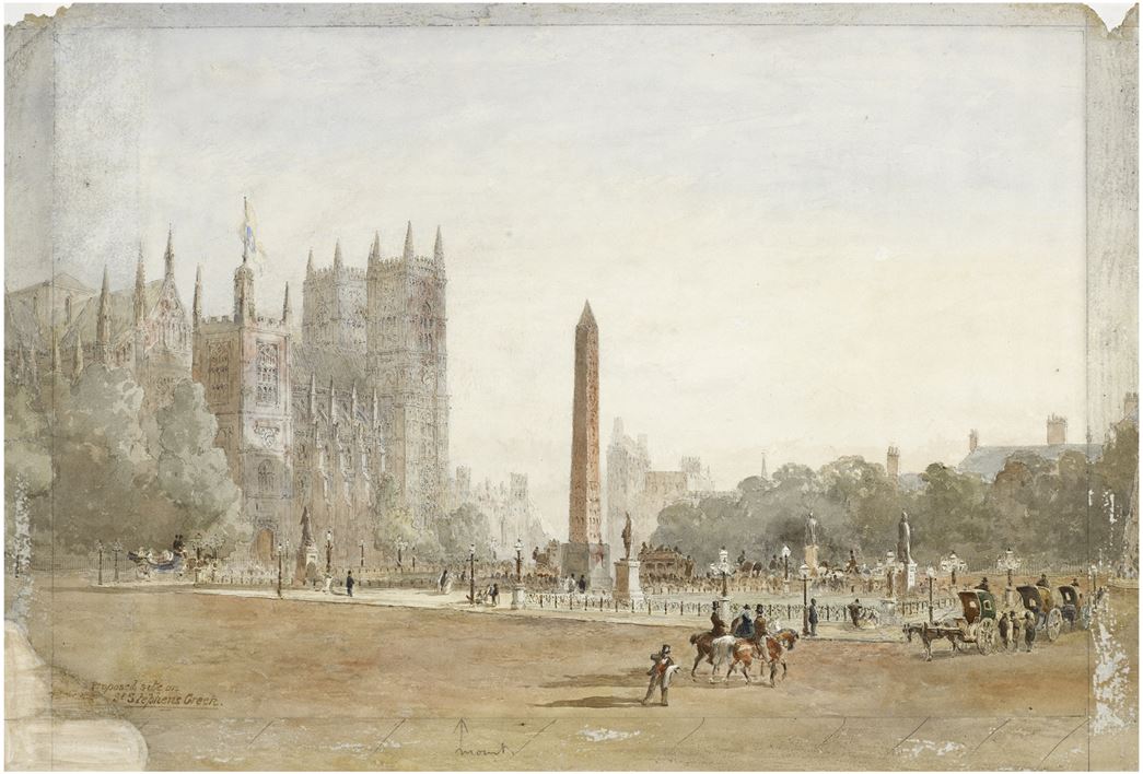 John Dixon’s watercolour of the Cleopatra’s Needle in its proposed site of St Stephens Green, 1878. (ID no.: 46.1/7)