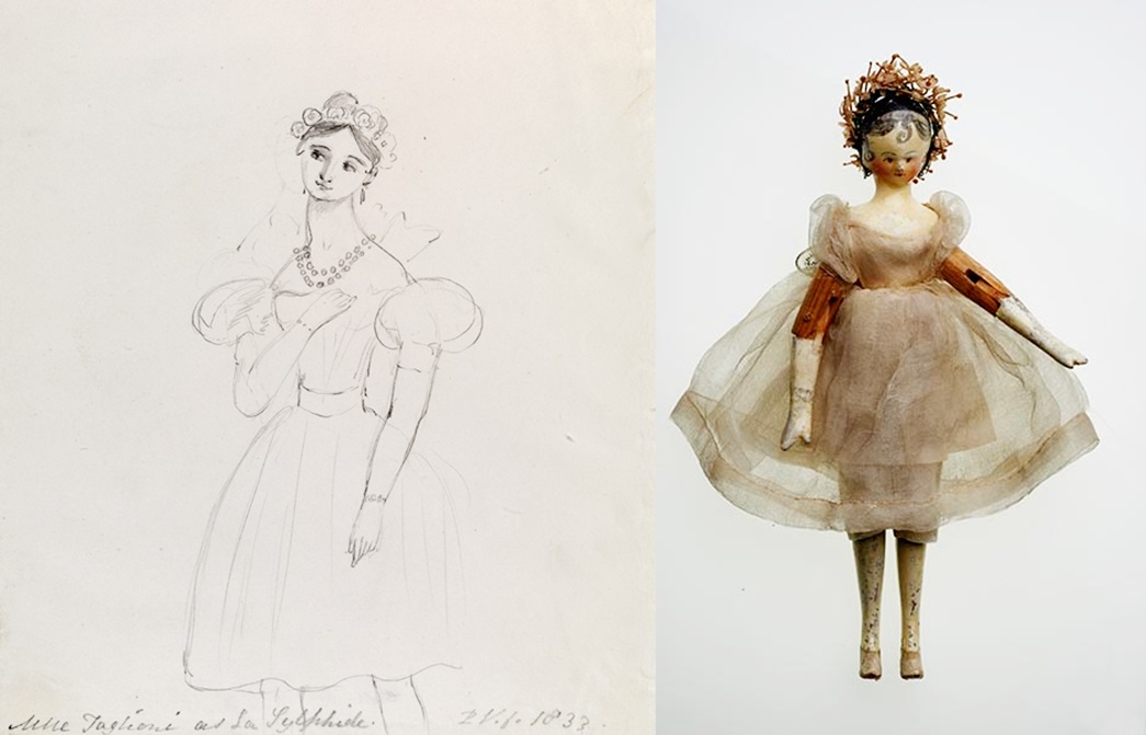 Mademoiselle Taglioni, sketch and doll, by Princess Victoria
A sketch (left) and doll of Mademoiselle Taglioni as La Sylphide, by Princess Victoria, 1832-33. (Courtesy Royal Collection Trust / © His Majesty King Charles III 2023)

