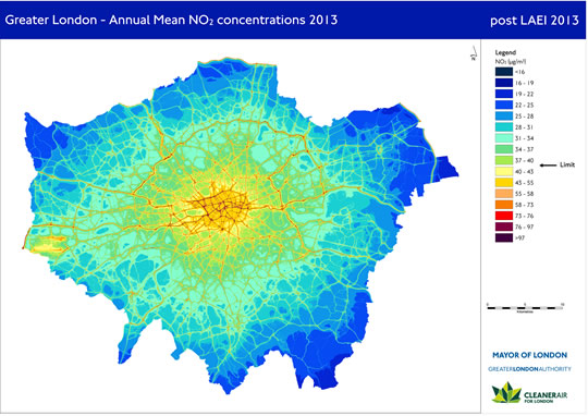 Modelled Mean NO2 air pollution, caused by motor vehicle exhaust fumes and burning fossil fuels, for 2013 (ug/m3) (London Datastore, Greater London Authority, London Atmospheric Emissions Inventory (LAEI) 2013 Concentration Maps) Arrow indicating the UK objective/EU limit for air quality limit.