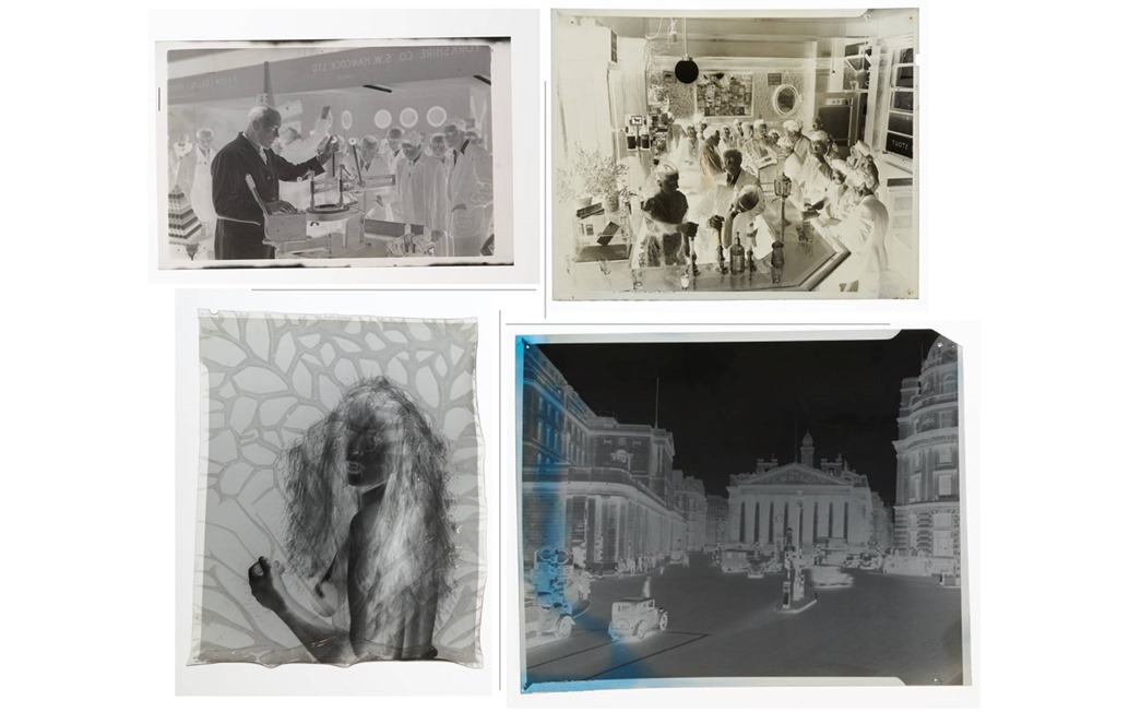 (clockwise from top-left) An undamaged film; a negative that has yellowed; the third has blue staining; and the fourth shows the film carrier shrinking which creates channels. (©Museum of London)
